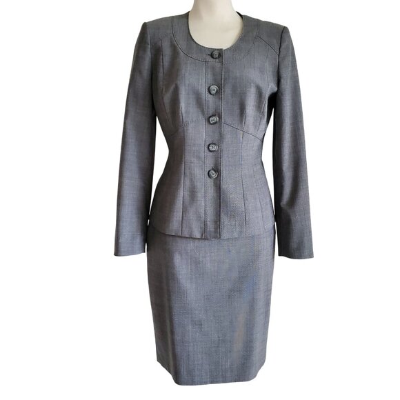 Anne Klein Round Neckline 5 Button Gray Lightweight Wool Blend Skirt Suit Size 2 - Picture 1 of 16